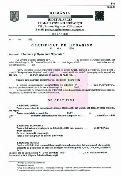 BEREVOIESTI (AG) SE VINDE TEREN 834 MP IN zona Pastravaria Rausor